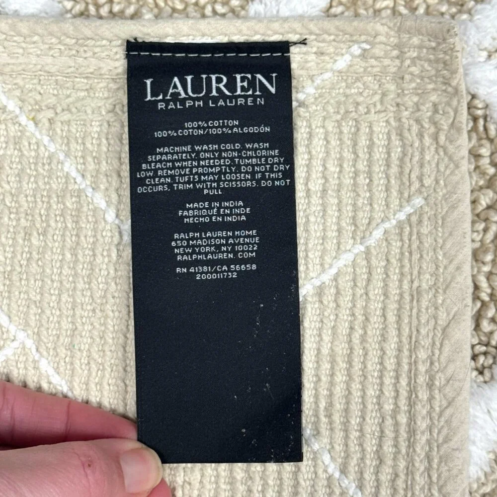 Ralph Lauren 21 x 34 Bath Rug Mat Cotton Beige Tan Geometric Striped Diamonds